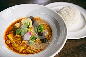 Bowl of Thai Masaman Curry Dinner with Rice