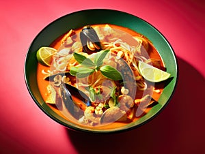 Bowl of thai soup with mussels and lime on a red background
