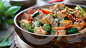 Bowl of tofu and vegetables