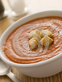 Bowl of Tomato Soup with Croutons photo