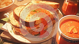 bowl of tomato soup with a grilled cheese sandwich with a gooey cheese pull manga cartoon style by AI generated