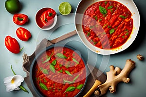 A bowl of tomato soup next to a bowl of tomato sauce photo