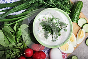 A bowl with traditinal Russian cuisine soup okroshka