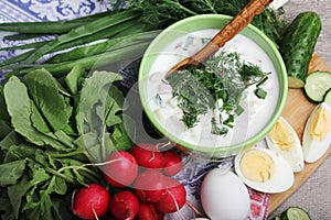 A bowl with traditinal Russian cuisine soup okroshka