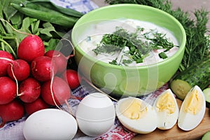 A bowl with traditinal Russian cuisine soup okroshka