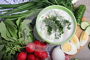 A bowl with traditinal Russian cuisine soup okroshka