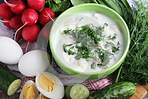 A bowl with traditinal Russian cuisine soup okroshka