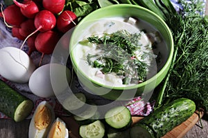 A bowl with traditinal Russian cuisine soup okroshka