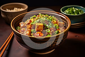 Bowl with traditional Chinese Mapo Tofu dish with rice, minced meat and tofu