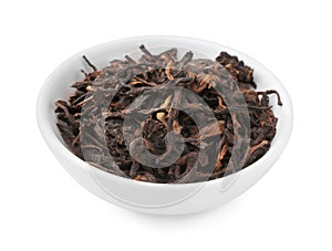 Bowl of traditional Chinese pu-erh tea leaves isolated on white