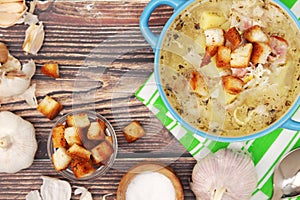 A bowl with traditional Czech garlic soup cesnecka photo