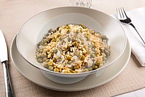 Bowl of traditional Risi e Bisi from the Veneto