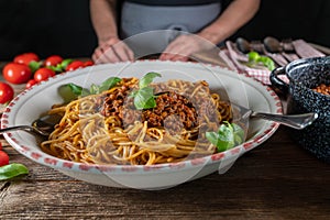 Bowl with traditional spaghetti and ragu alla bolognese