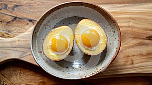 A bowl with two eggs in it on a table, AI