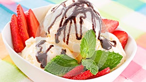 Bowl of various colorful ice cream  tasty chocolate vanilla and strawberry flavored frozen dessert