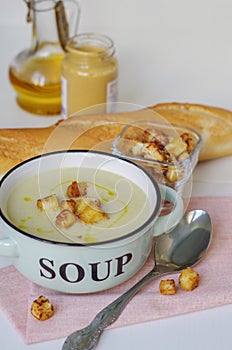 Bowl of vegetable soup. Cauliflower soup puree with croutons.