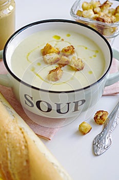 Bowl of vegetable soup. Cauliflower soup puree with croutons.