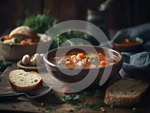 A Bowl of Vegetable Soup in a Rustic Environment