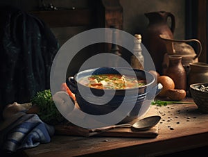 A Bowl of Vegetable Soup in a Rustic Environment