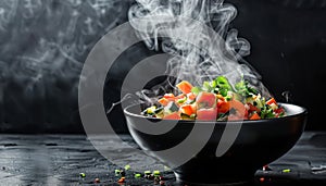 Bowl of vegetables is steaming on a table.
