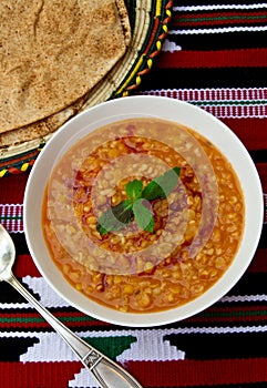 Bowl of warming red lentil and burgul soup