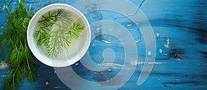 Bowl of water with dill on blue table, serveware containing plant