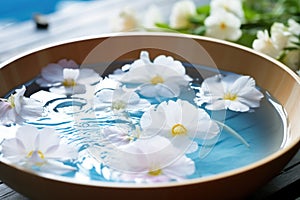 bowl of water with floating flowers for hydropathic therapy