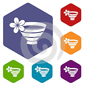 Bowl with water for spa icons set