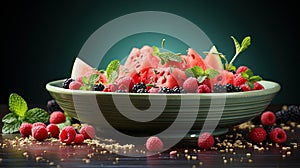 a bowl of watermelon, raspberries, and mint leaves. generative ai