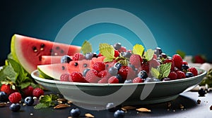 a bowl of watermelon, raspberries, and mint leaves. generative ai