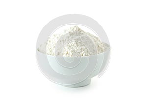 Bowl of wheat flour isolated on a white