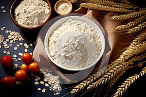 Bowl with wheat flour and wheat ears, Ingredients for baking and tools. Bread and flour on table