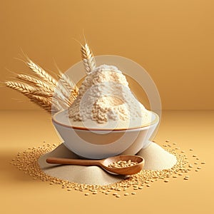 Bowl of wheat and spoon on yellow background