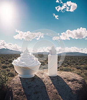 A bowl of whipped cream and a bottle of milk sitting on a rocky outcropping in the middle of a desert.