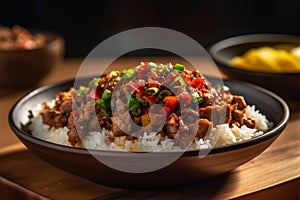 A bowl of white rice and sisig, spicy fatty meat Filipino dish. Generative AI