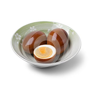 Bowl with whole and half soy sauce eggs, Shoyu tamago