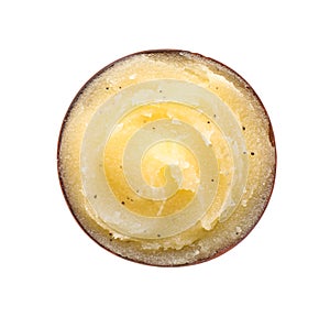 Bowl of yellow body scrub isolated on white, top view