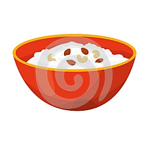 Bowl of yogurt with almonds and cashews vector illustration. Healthy food, nutritious snack, breakfast, dairy product