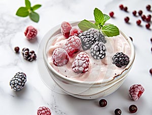 bowl with yogurt decorated with frozen berries