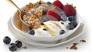 bowl of yogurt with fresh berries and granola on a white background