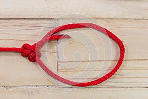 Bowline knot made from red synthetic rope, tightening on wooden