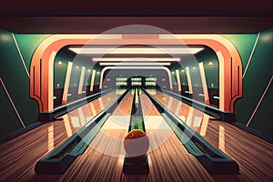 bowling alley, with bowlers and sound of crashing pins