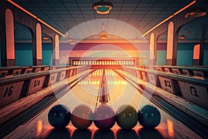 bowling alley, with colorful lanes and balls on display, during sunset
