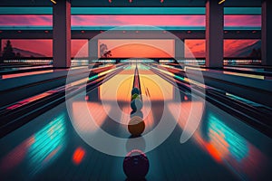 bowling alley, with colorful lanes and balls on display, during sunset