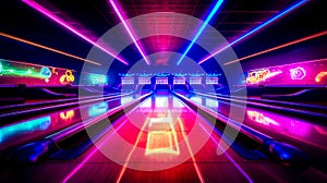 Bowling alley filled with neon lights and bowling lanes in the middle of it. Generative AI