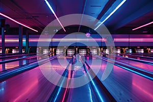 A bowling alley illuminated by purple and blue neon lights, A bowling lane with glowing neon lights