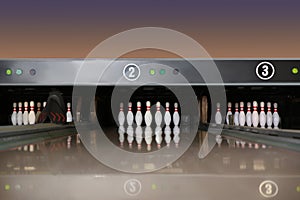 Bowling alley lanes with pins