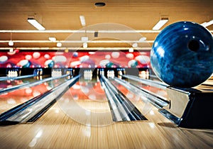 Bowling ball and the alley lanes blurred on the background.