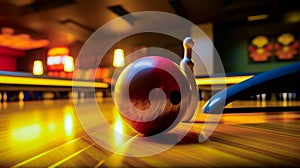 Bowling ball and bowling pin on bowling alley with bowling lanes in the background. Generative AI