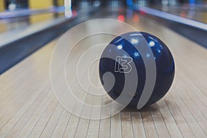 Bowling ball closeup on lane background